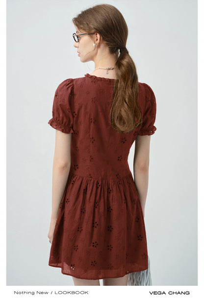 Eyelet Embroidered Puff-Sleeve Dress