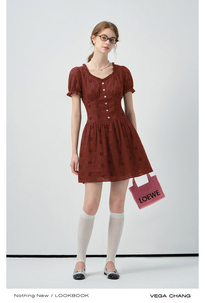 Eyelet Embroidered Puff-Sleeve Dress