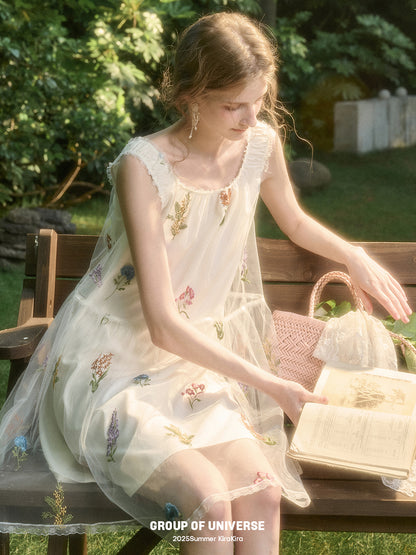 Gathered Sheer Floral Embroidered Midi Dress