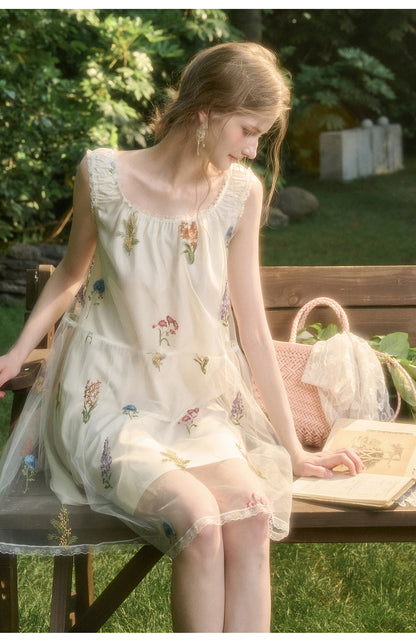 Gathered Sheer Floral Embroidered Midi Dress