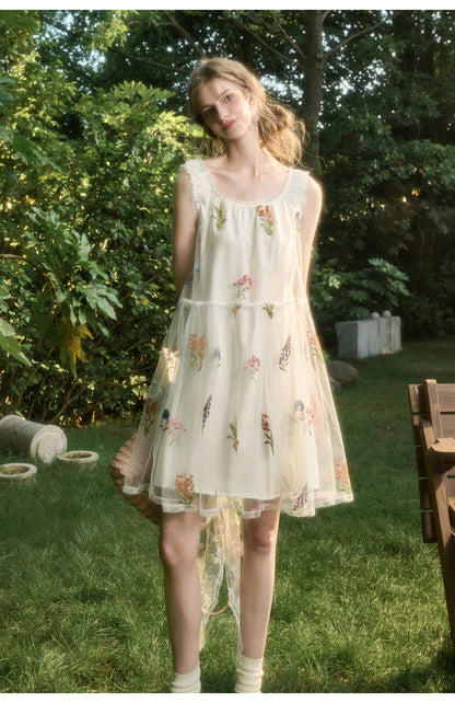 Gathered Sheer Floral Embroidered Midi Dress