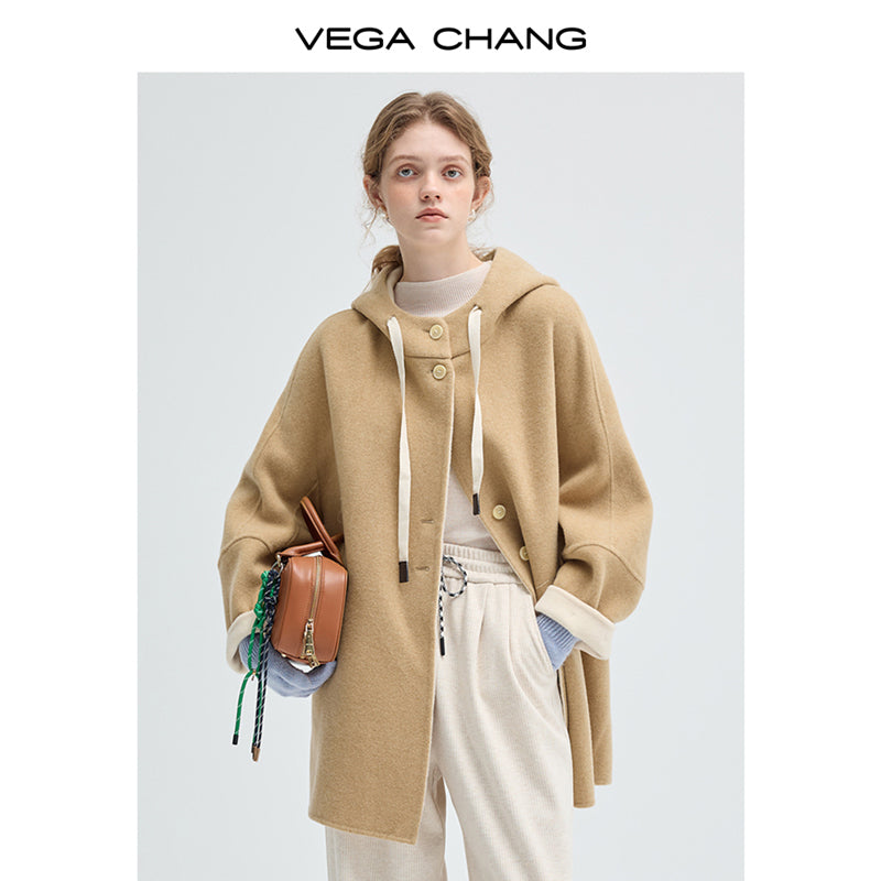 Wool Blend Two-Tone Hooded Coat