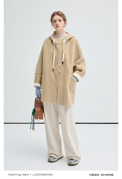 Wool Blend Two-Tone Hooded Coat