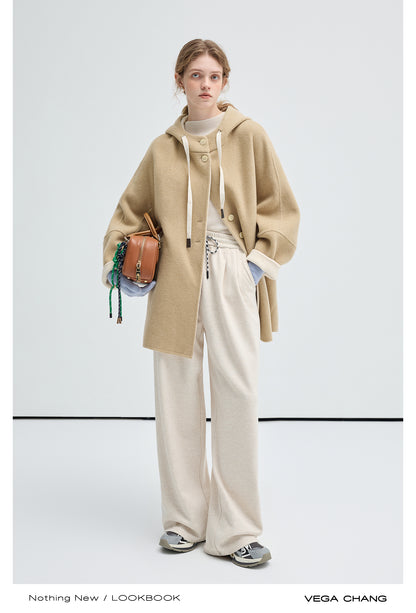 Wool Blend Two-Tone Hooded Coat