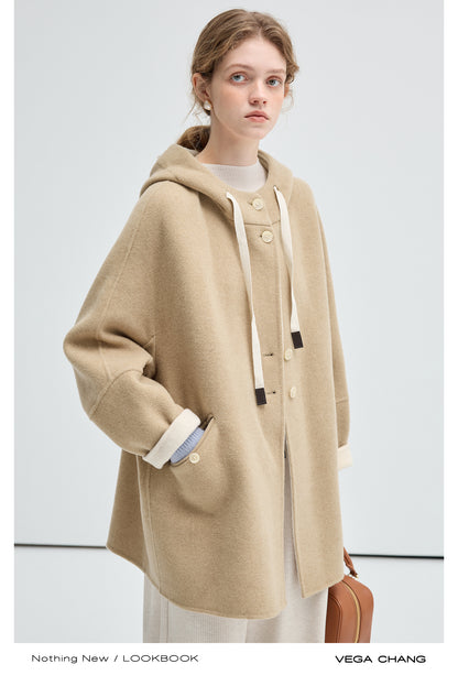 Wool Blend Two-Tone Hooded Coat