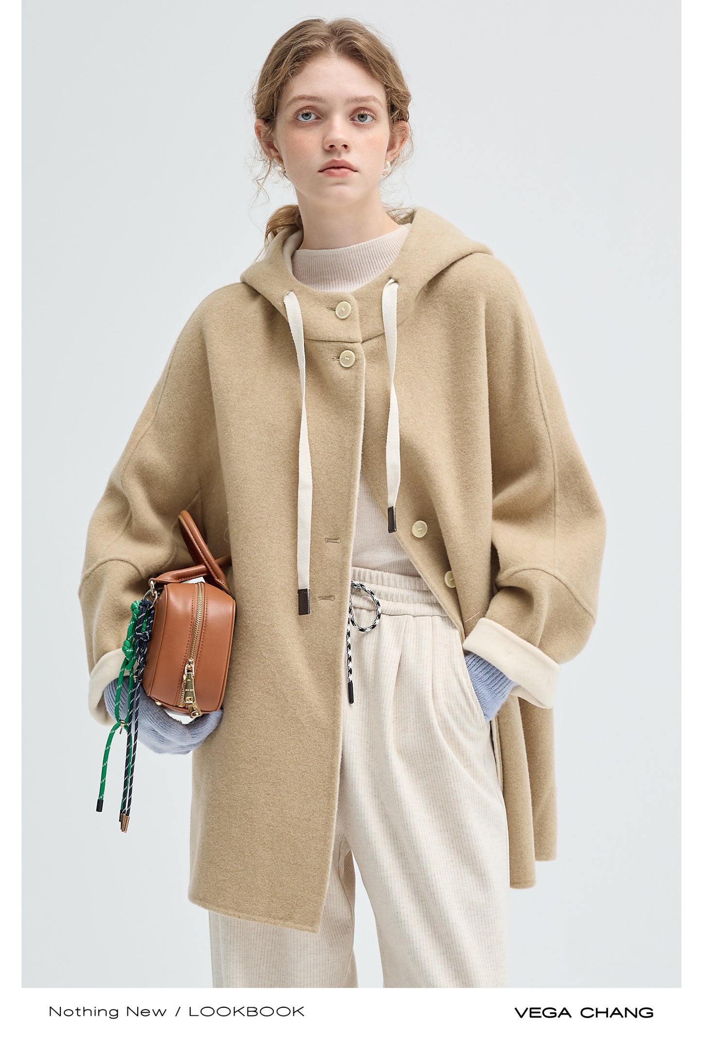 Wool Blend Two-Tone Hooded Coat