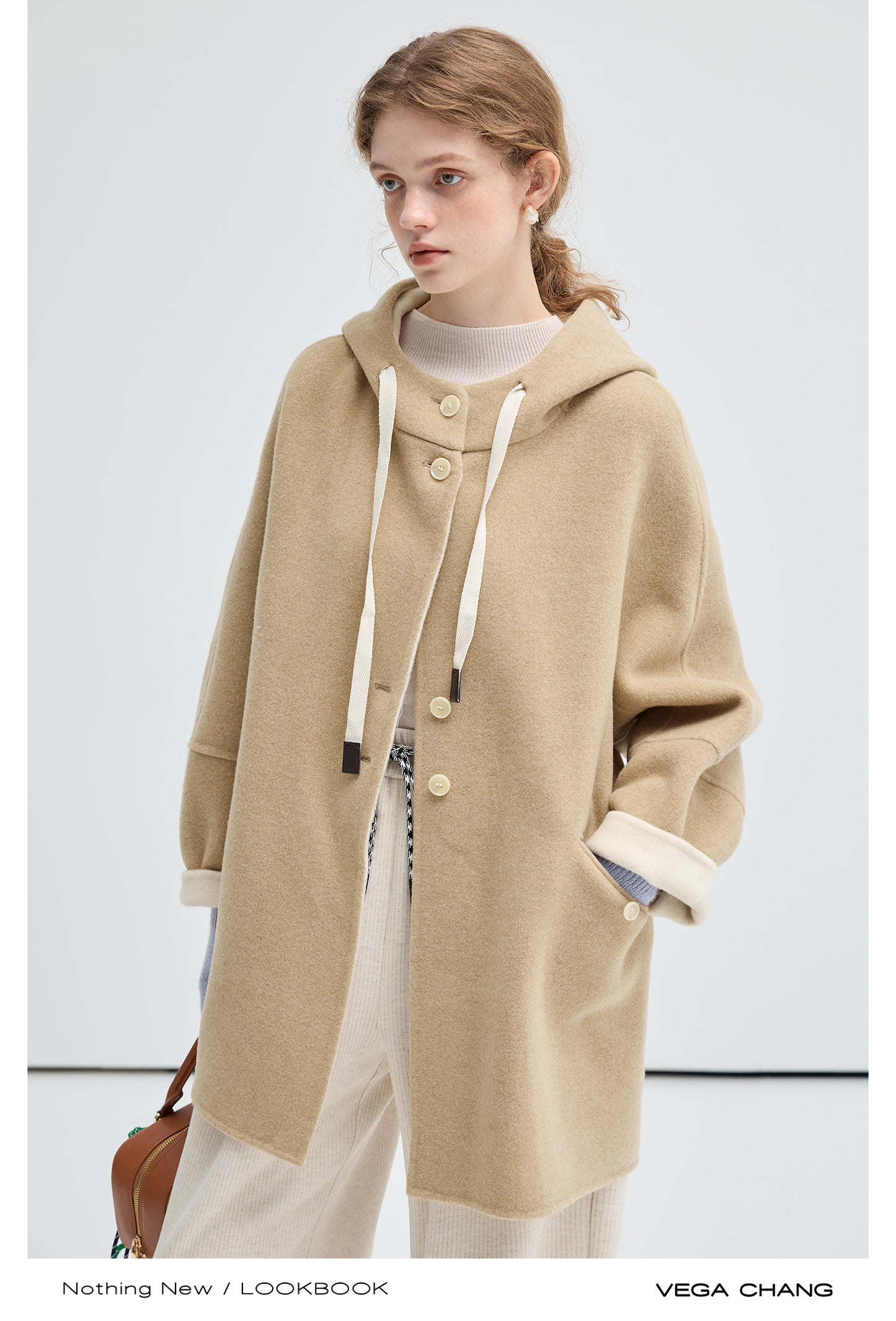 Wool Blend Two-Tone Hooded Coat