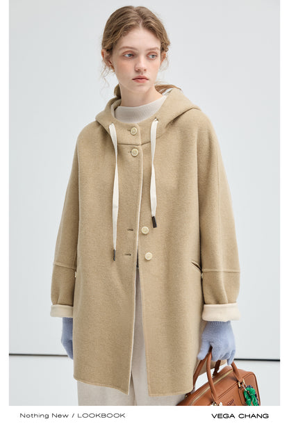 Wool Blend Two-Tone Hooded Coat