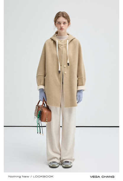 Wool Blend Two-Tone Hooded Coat