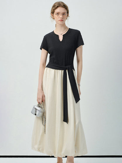 Faux Two-Piece Bubble Hem Dress With Split Neck