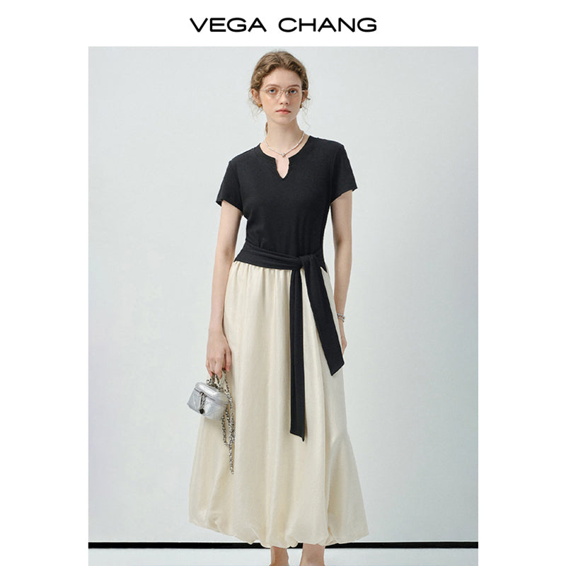 Faux Two-Piece Bubble Hem Dress With Split Neck