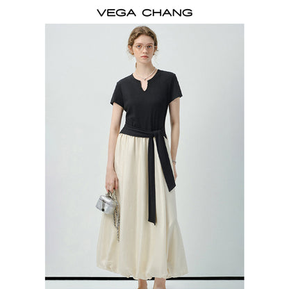 Faux Two-Piece Bubble Hem Dress With Split Neck