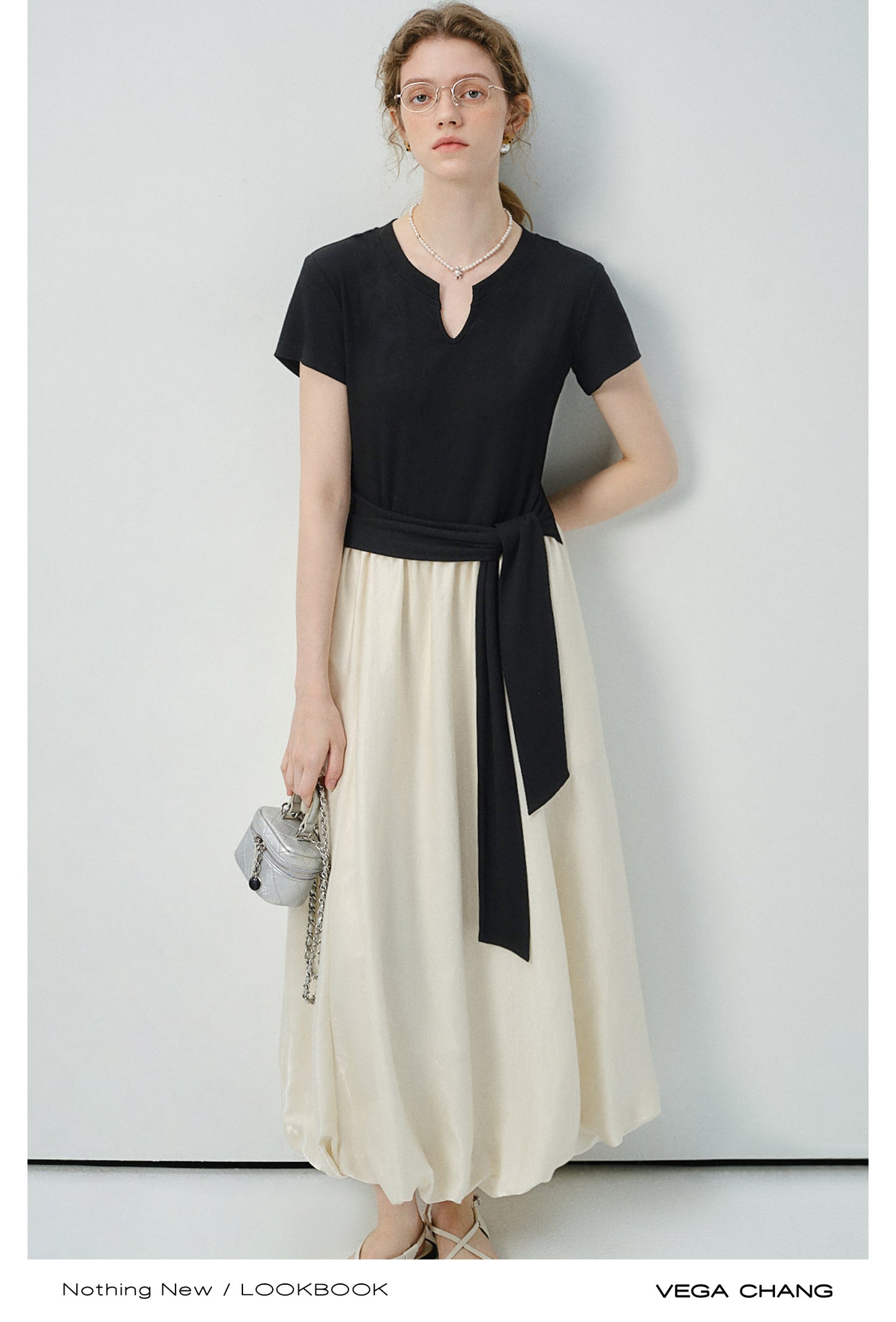Faux Two-Piece Bubble Hem Dress With Split Neck