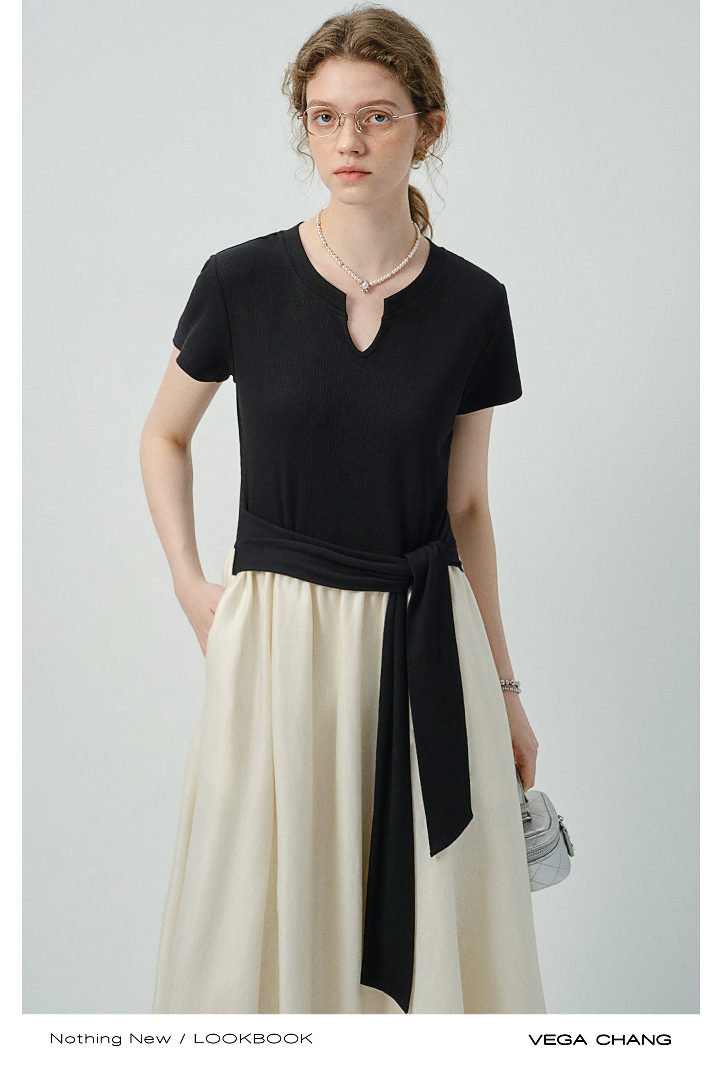 Faux Two-Piece Bubble Hem Dress With Split Neck