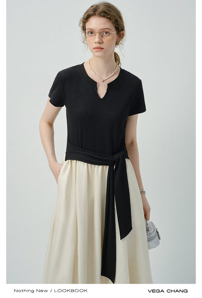 Faux Two-Piece Bubble Hem Dress With Split Neck