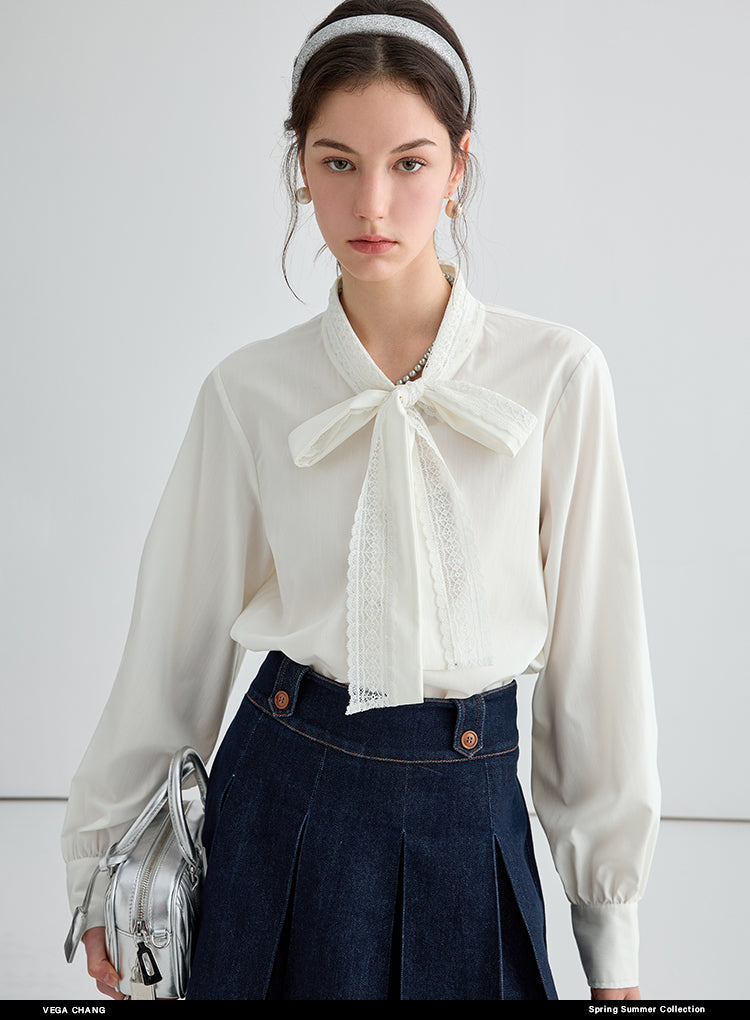 Elegant Lace Tie-Neck Blouse