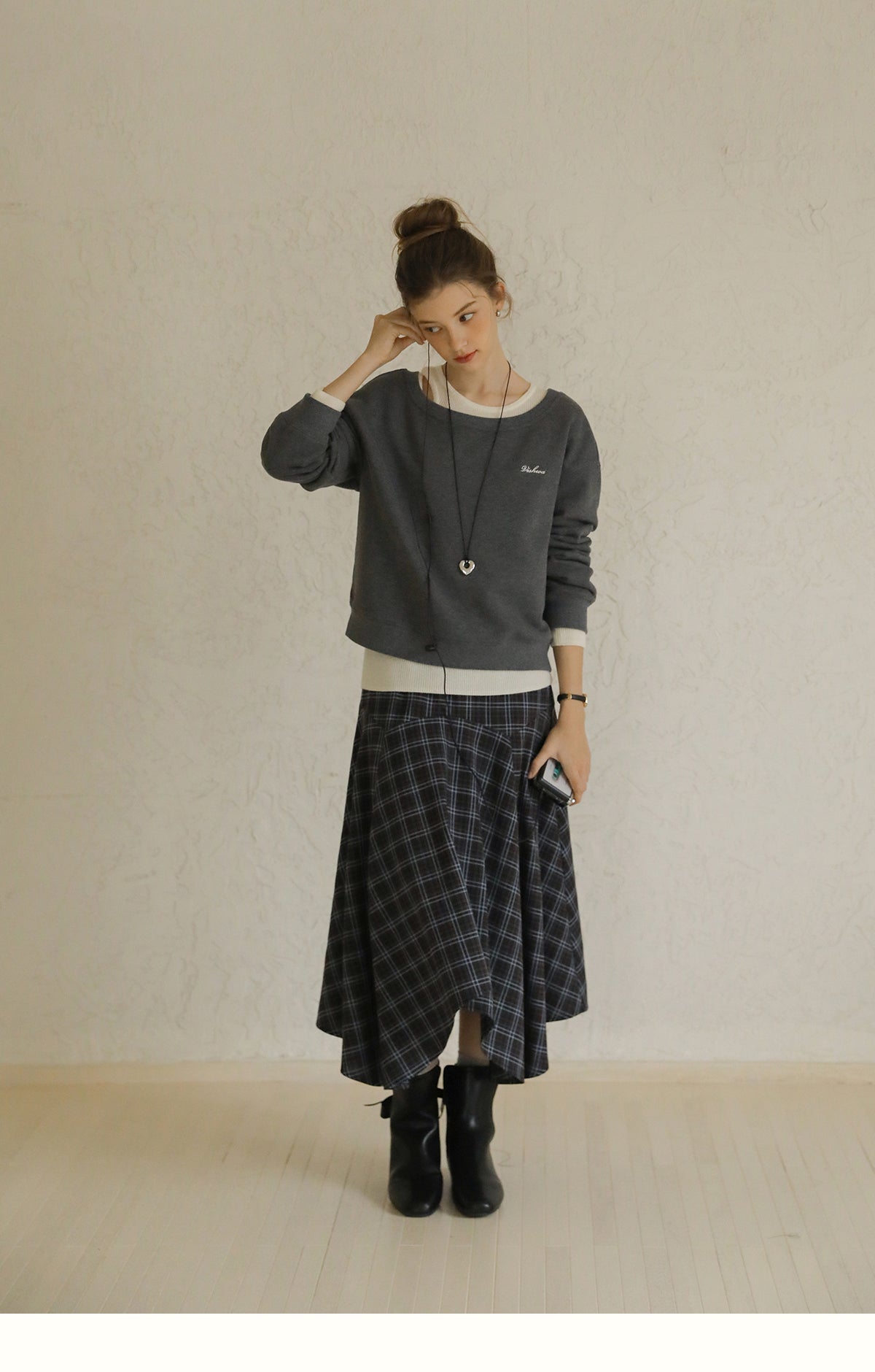 Asymmetrical Hem Plaid Yoke Skirt