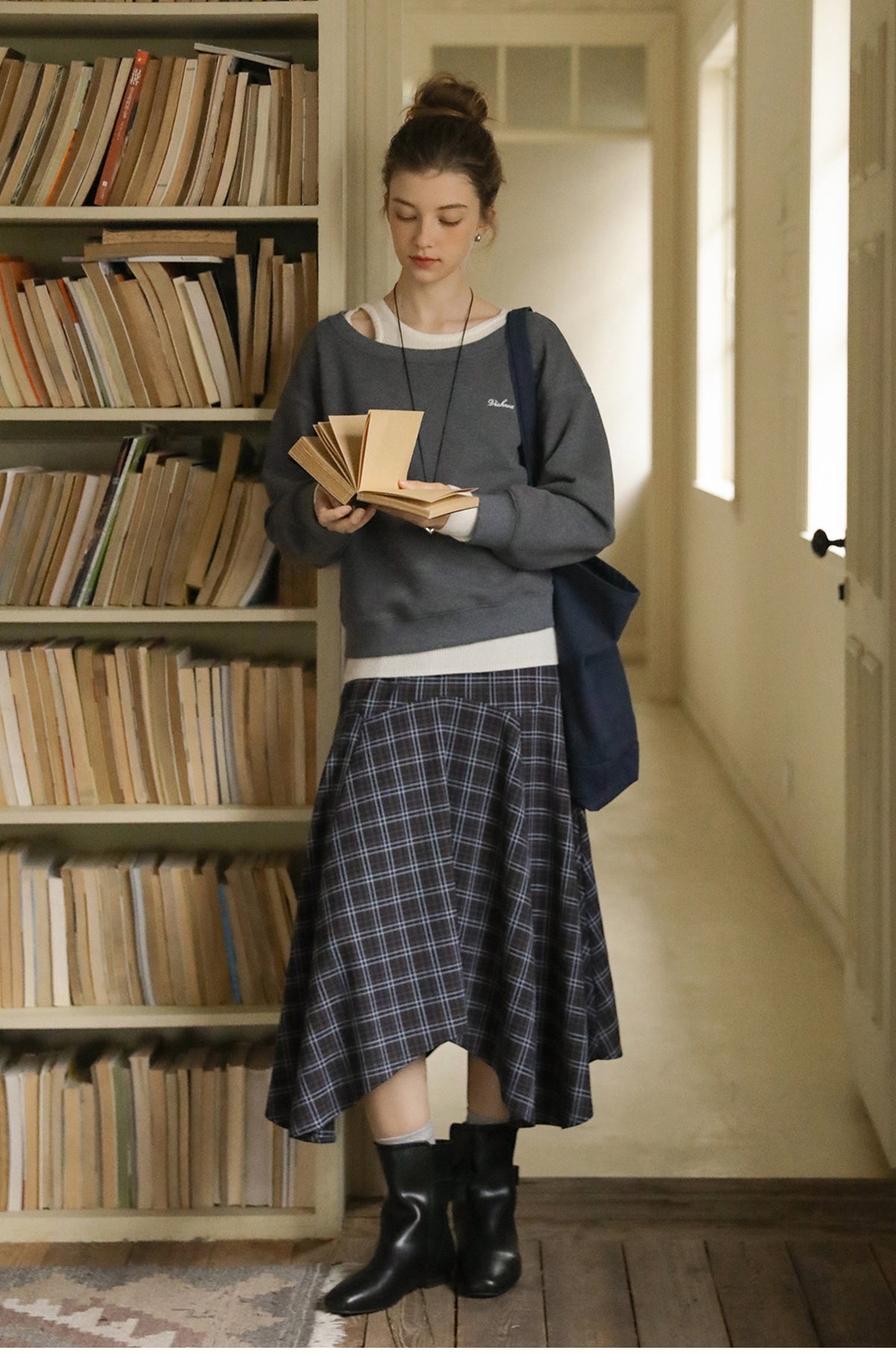 Asymmetrical Hem Plaid Yoke Skirt