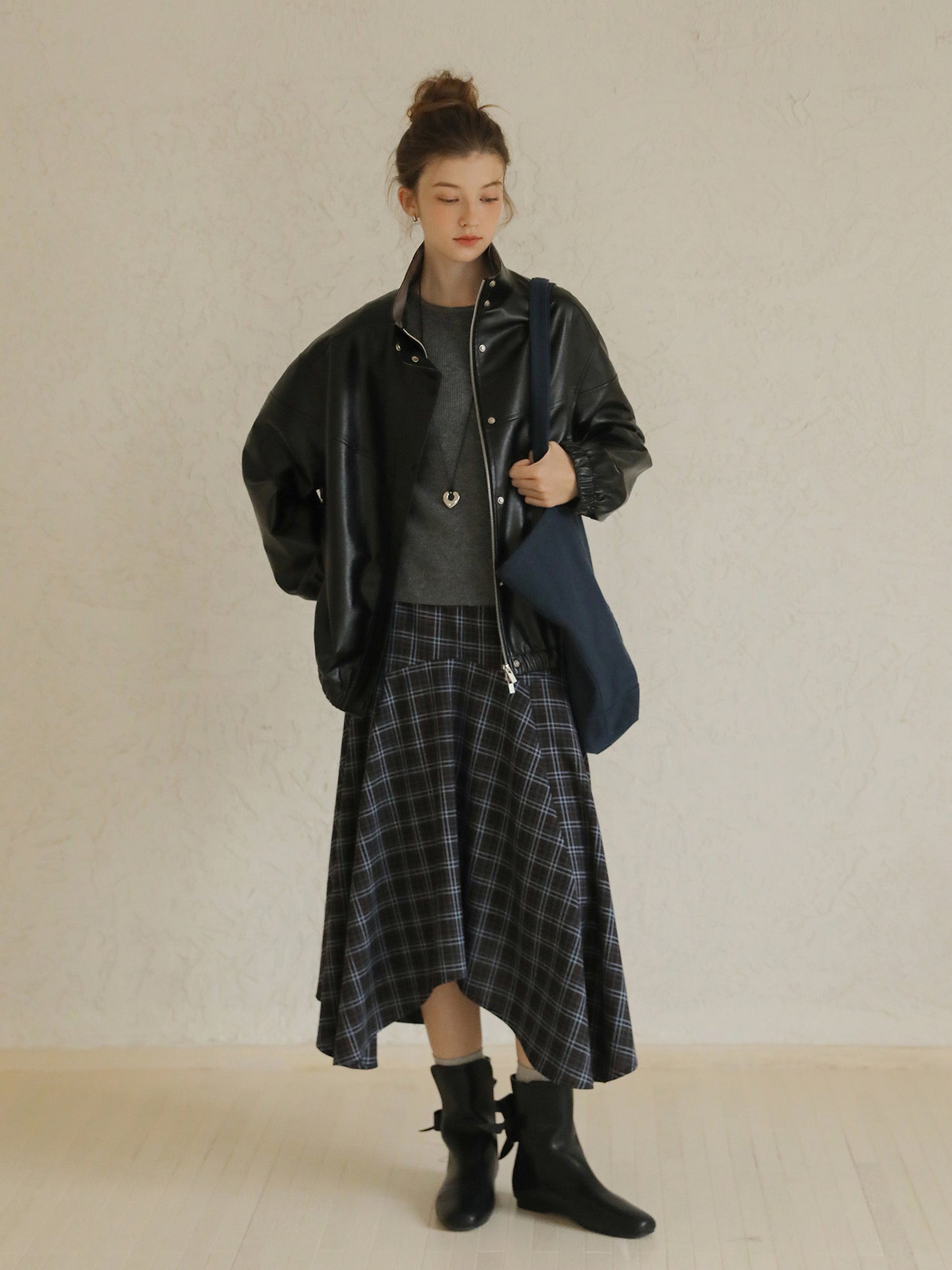 Asymmetrical Hem Plaid Yoke Skirt