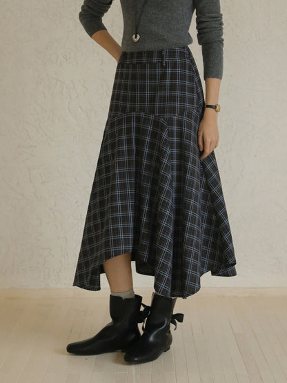 Asymmetrical Hem Plaid Yoke Skirt