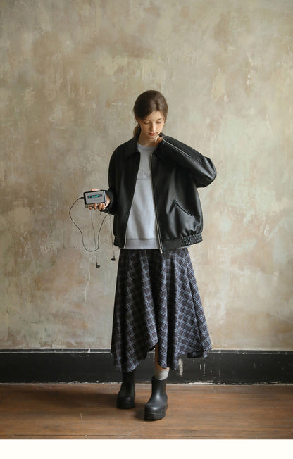 Asymmetrical Hem Plaid Yoke Skirt