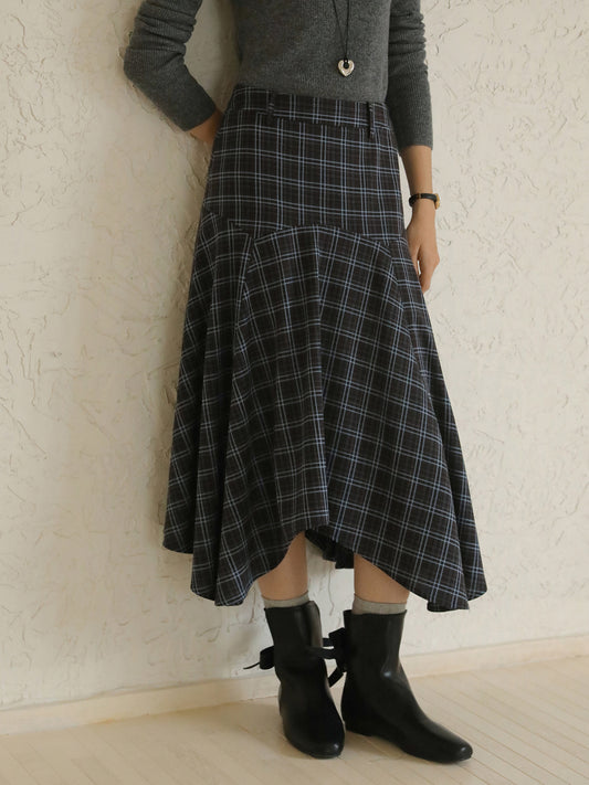Asymmetrical Hem Plaid Yoke Skirt