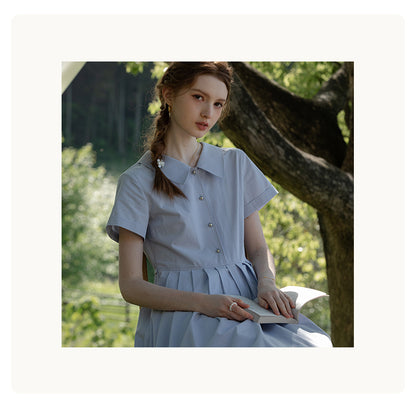 Flat-Collar Pleated Shirt Dress With Ball Buttons