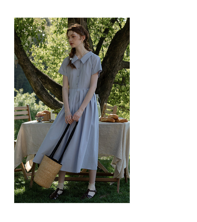 Flat-Collar Pleated Shirt Dress With Ball Buttons