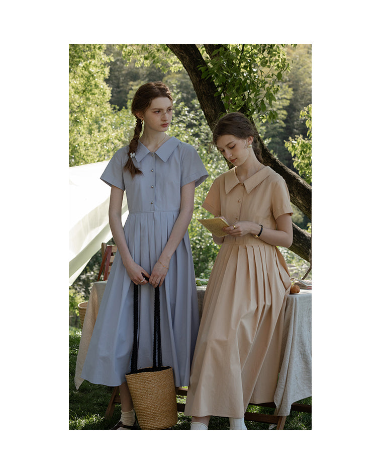 Flat-Collar Pleated Shirt Dress With Ball Buttons