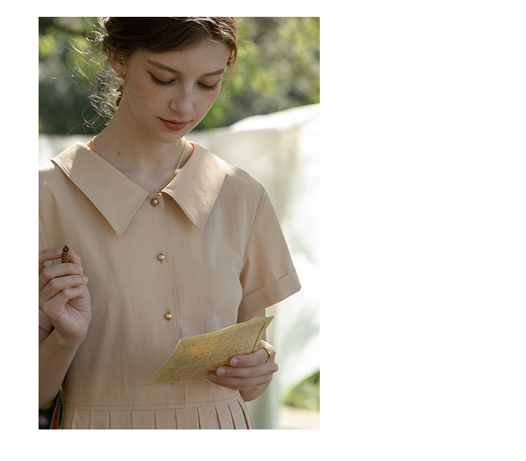 Flat-Collar Pleated Shirt Dress With Ball Buttons