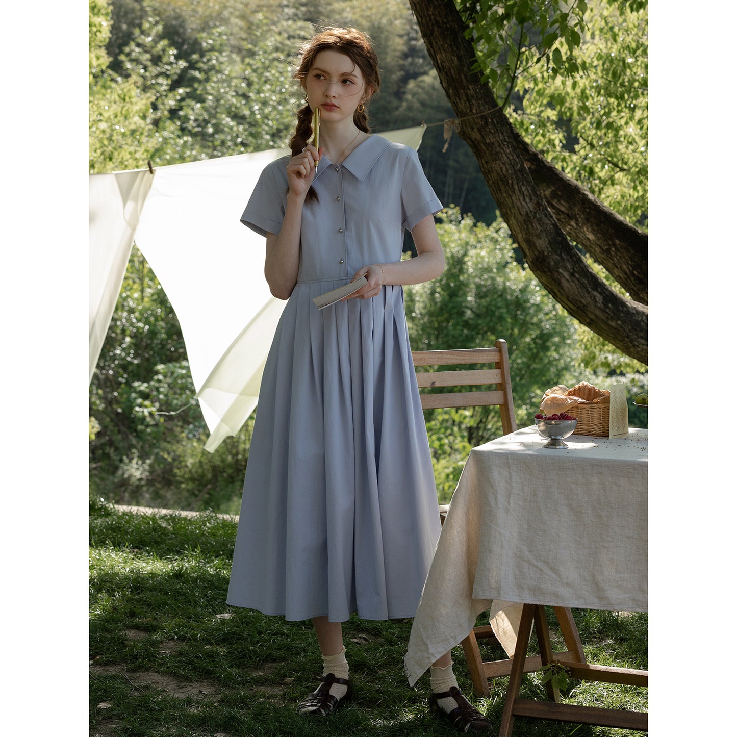 Flat-Collar Pleated Shirt Dress With Ball Buttons