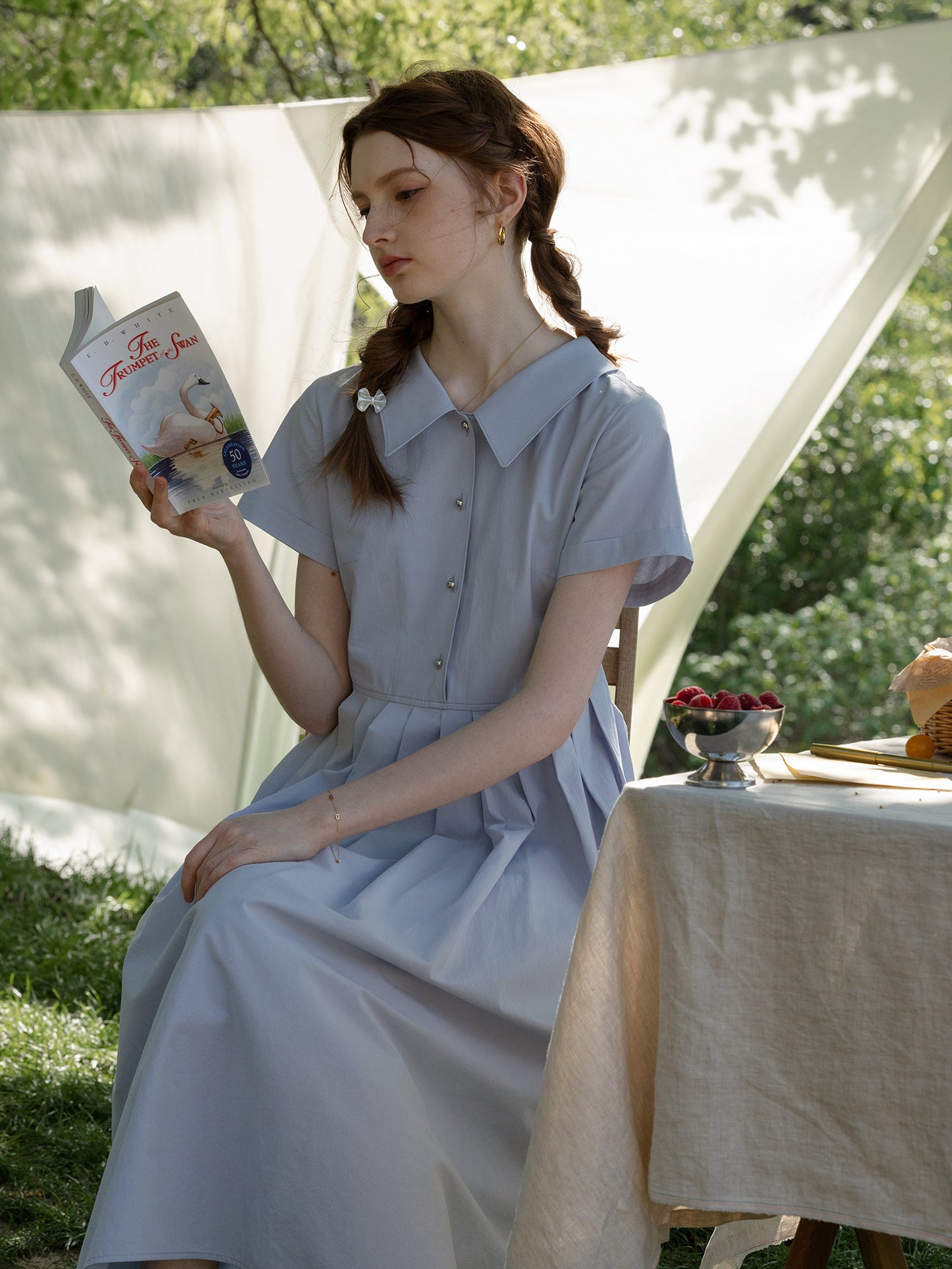 Flat-Collar Pleated Shirt Dress With Ball Buttons