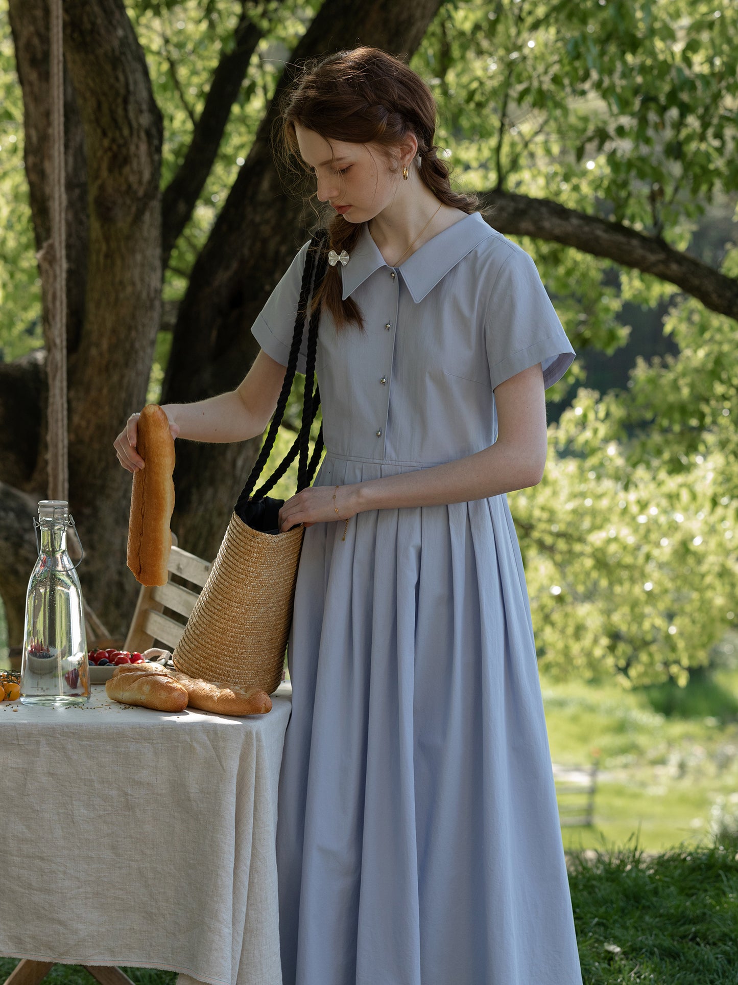 Flat-Collar Pleated Shirt Dress With Ball Buttons