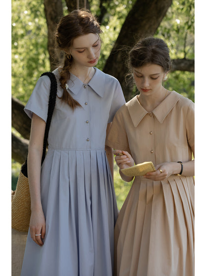 Flat-Collar Pleated Shirt Dress With Ball Buttons