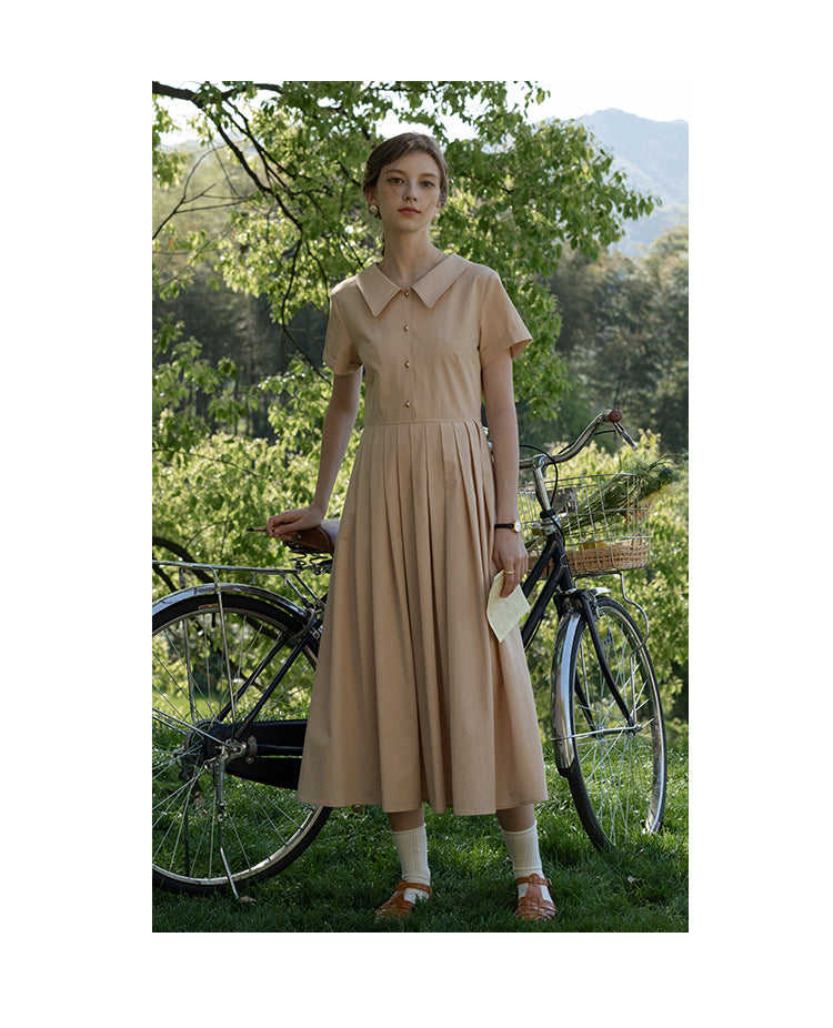 Flat-Collar Pleated Shirt Dress With Ball Buttons