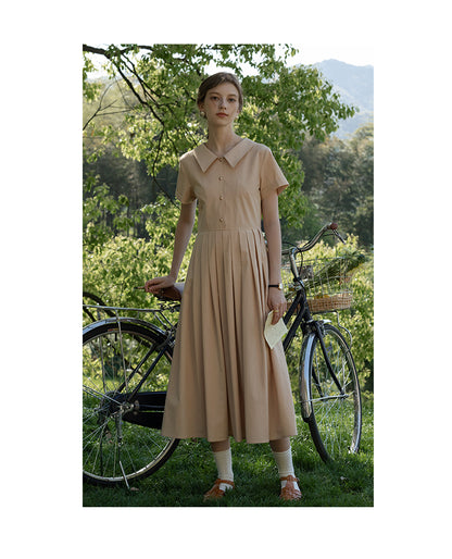 Flat-Collar Pleated Shirt Dress With Ball Buttons