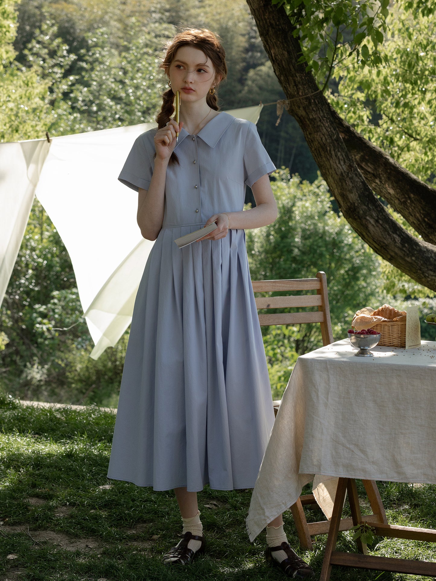 Flat-Collar Pleated Shirt Dress With Ball Buttons