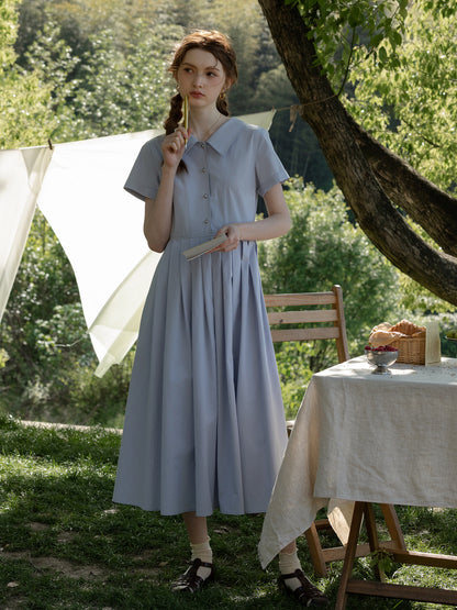 Flat-Collar Pleated Shirt Dress With Ball Buttons