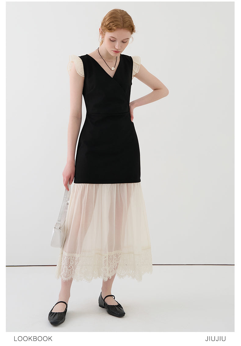 V-Neck Mini Dress With Sheer Hem And Flutter Sleeves