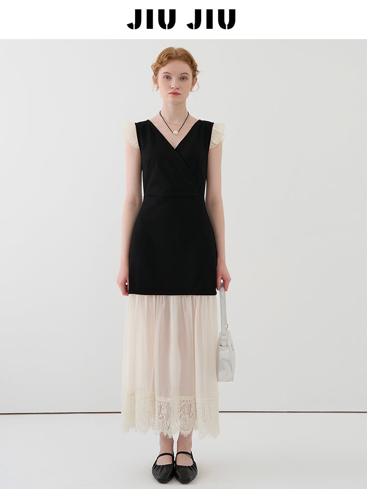 V-Neck Mini Dress With Sheer Hem And Flutter Sleeves