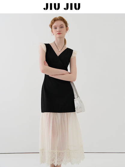 V-Neck Mini Dress With Sheer Hem And Flutter Sleeves