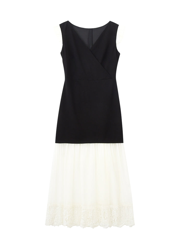 V-Neck Mini Dress With Sheer Hem And Flutter Sleeves