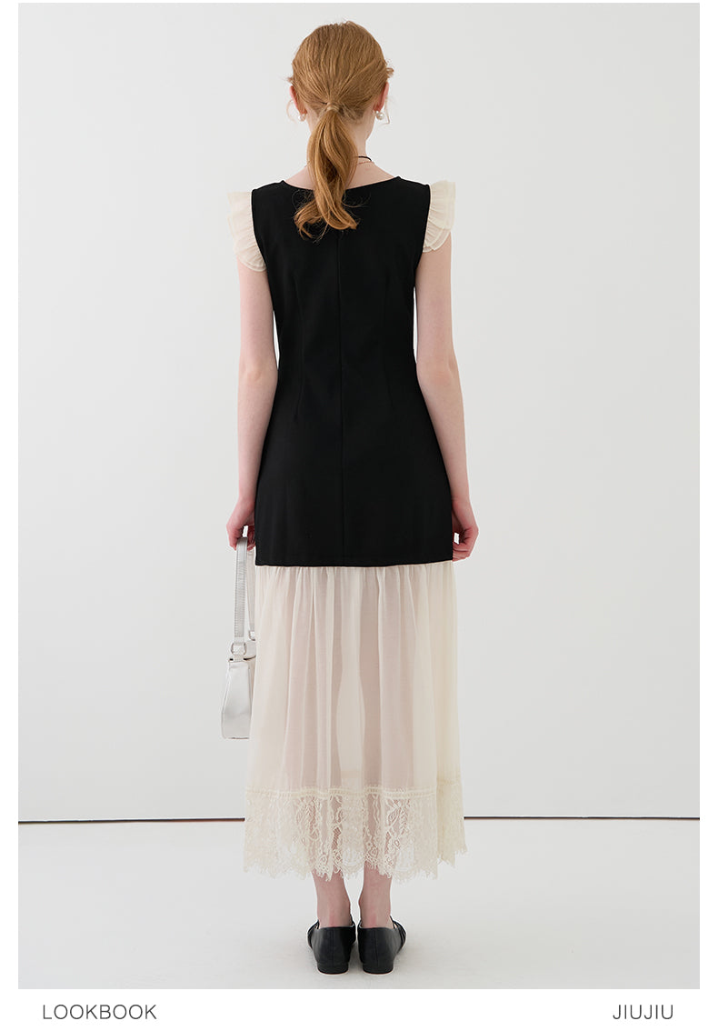 V-Neck Mini Dress With Sheer Hem And Flutter Sleeves