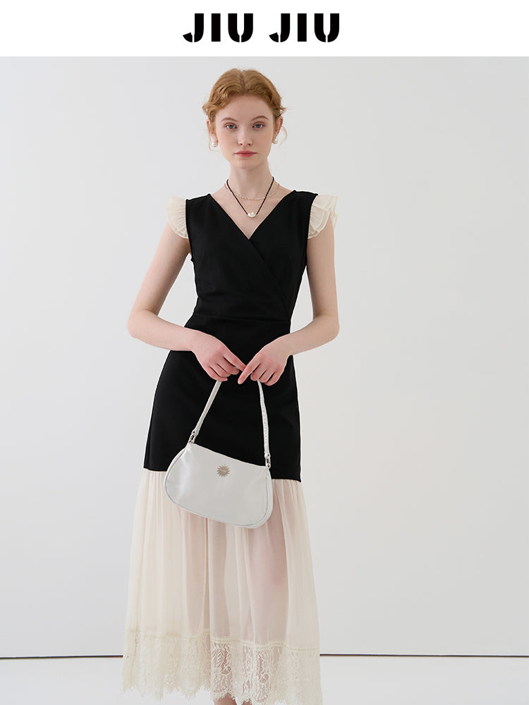 V-Neck Mini Dress With Sheer Hem And Flutter Sleeves