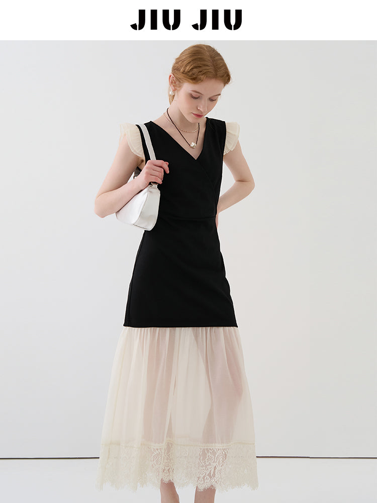 V-Neck Mini Dress With Sheer Hem And Flutter Sleeves