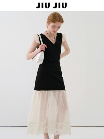 V-Neck Mini Dress With Sheer Hem And Flutter Sleeves