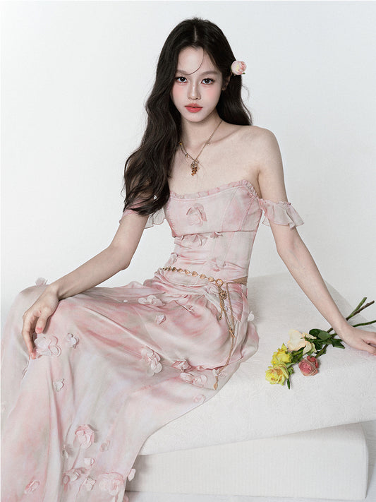 Gradient Floral Flutter-Sleeve Top & Sheer Maxi Skirt