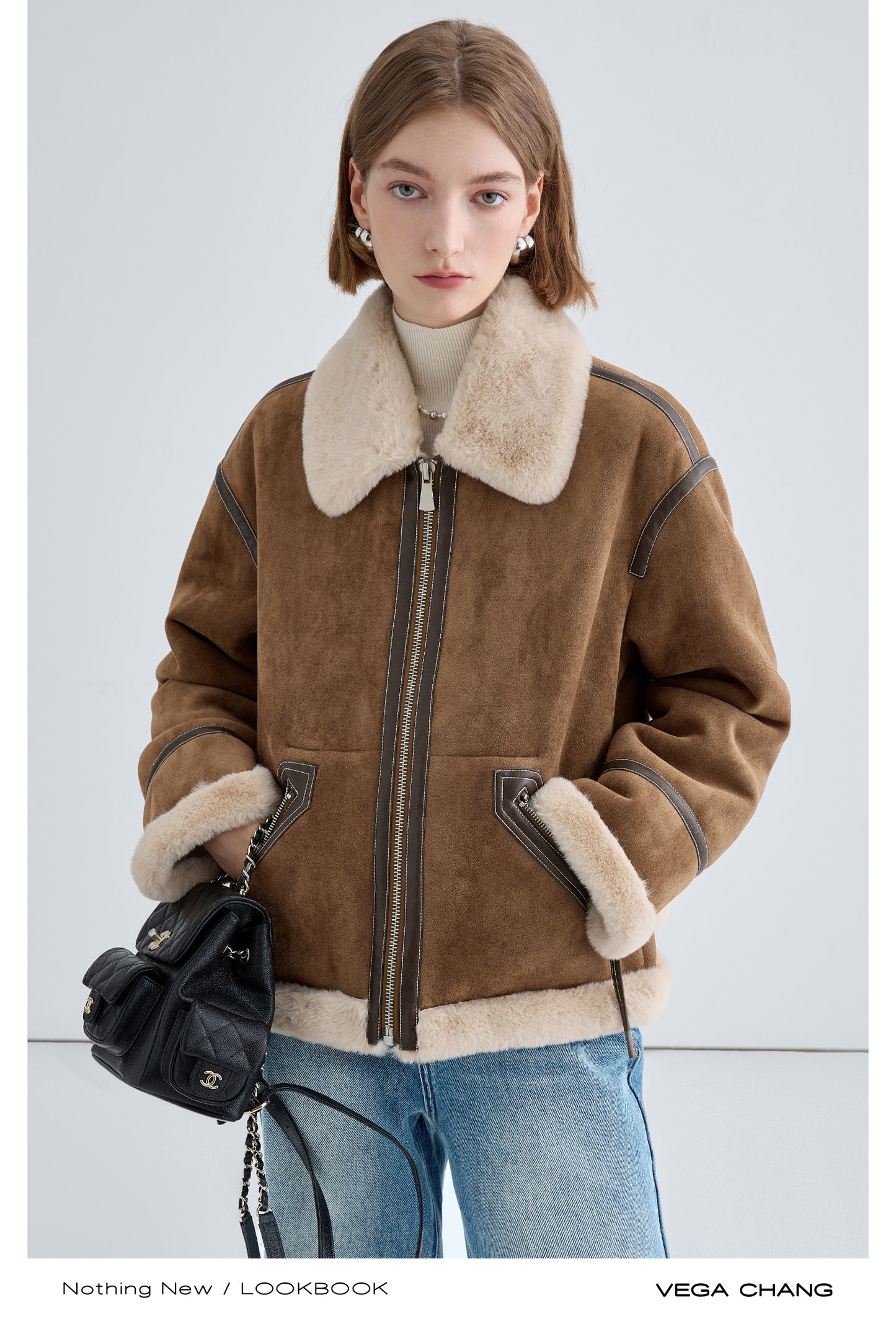 Classic Faux Suede Jacket With Fur Collar