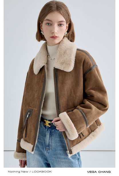 Classic Faux Suede Jacket With Fur Collar