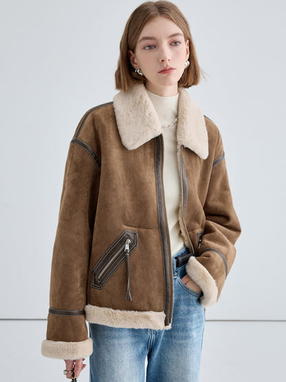 Classic Faux Suede Jacket With Fur Collar